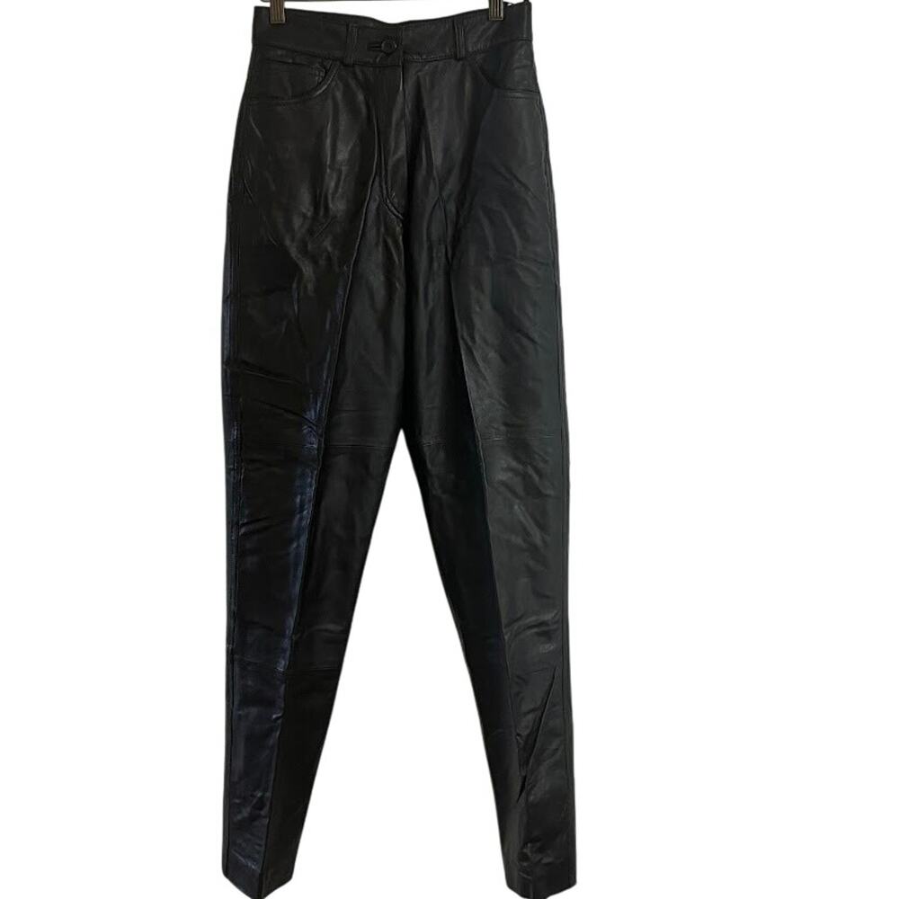 Vintage Leather Pants High Rise Black Lambskin Slim Straight Leg Pants 28x31